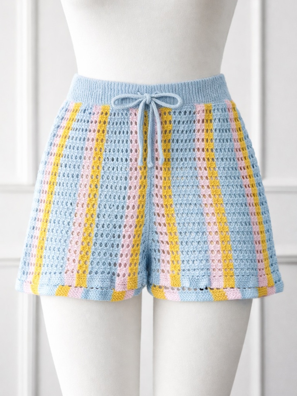 NWT Abound Blue Mustard Boho Open Knit Stripe Crochet Drawstring Shorts